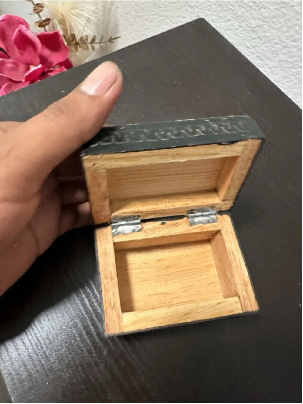 Small Wooden & Metal Trinket Box, Hinged Lid, Bird Pattern, Black/Gold/Red